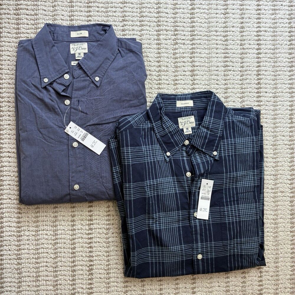 NWT Lot of 2 J.Crew Mens Button Down Shirt Blue Plaid Long Sleeve Mens M